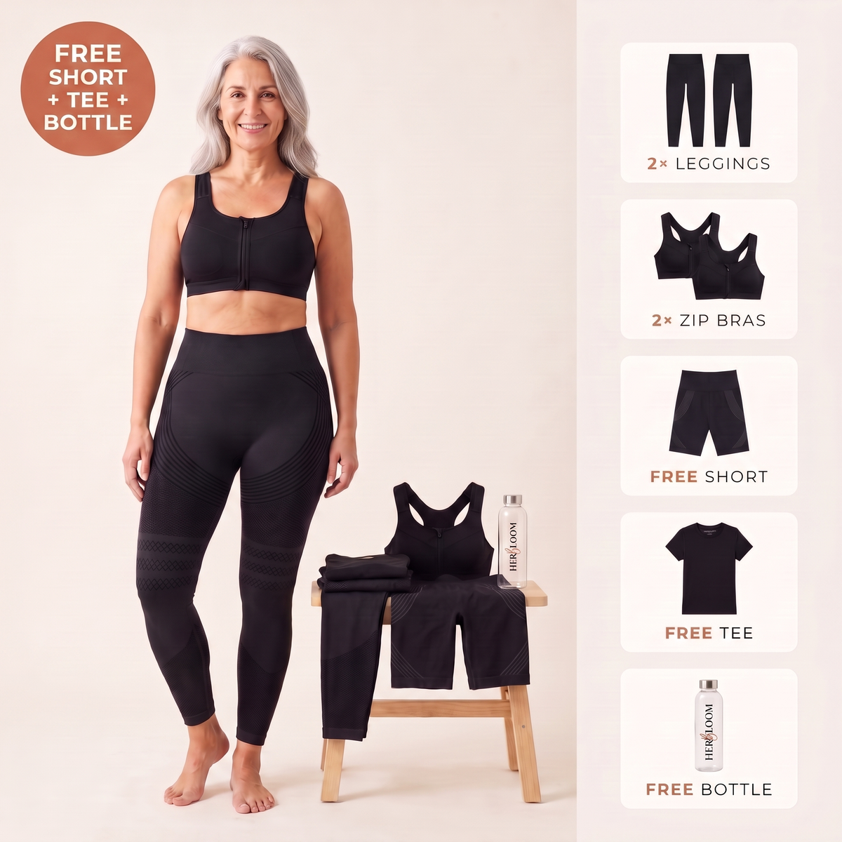 The Complete Set — 2 leggings and 2 bras with free short, tee and bottle