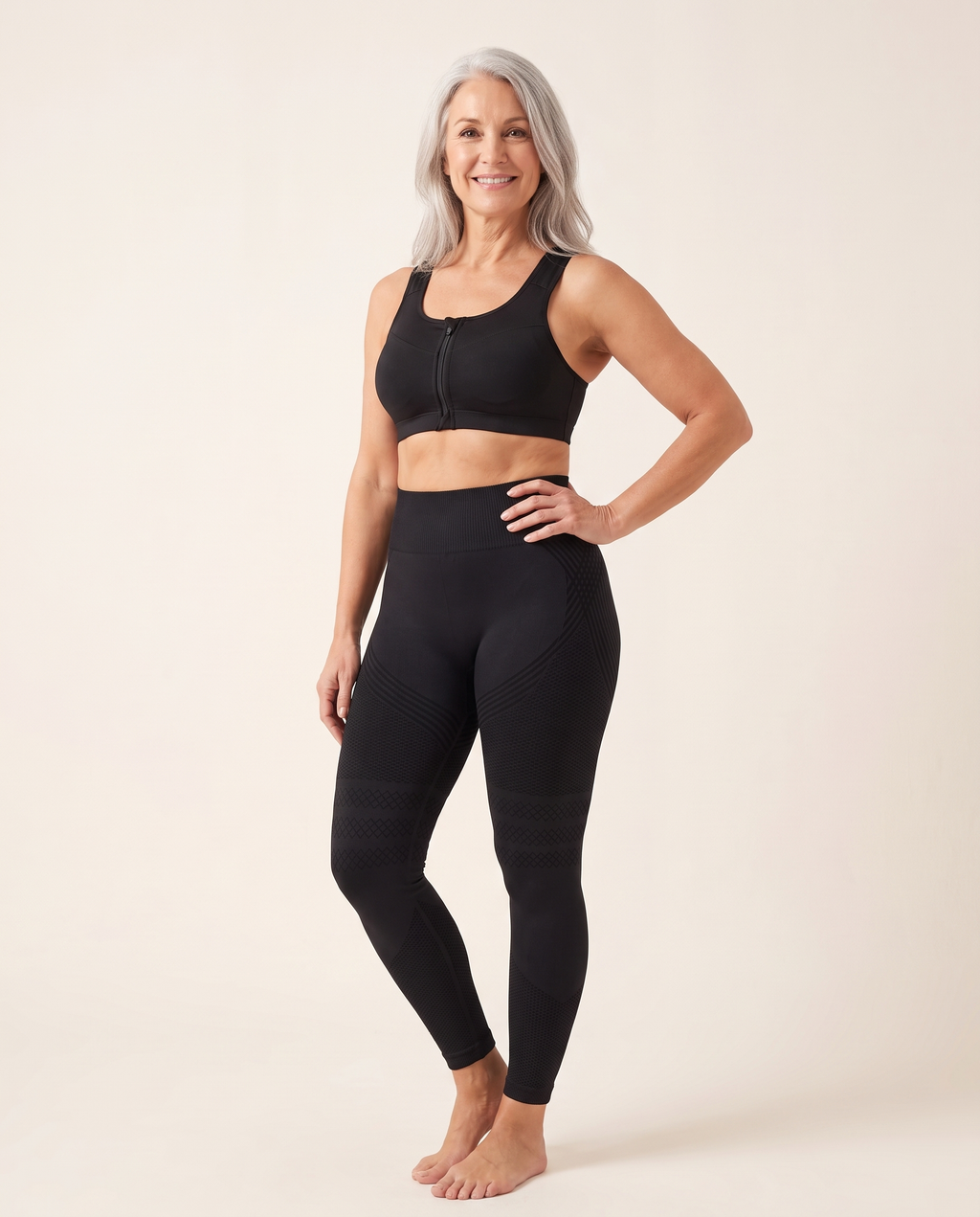 The Drop Set worn — black legging and zip bra