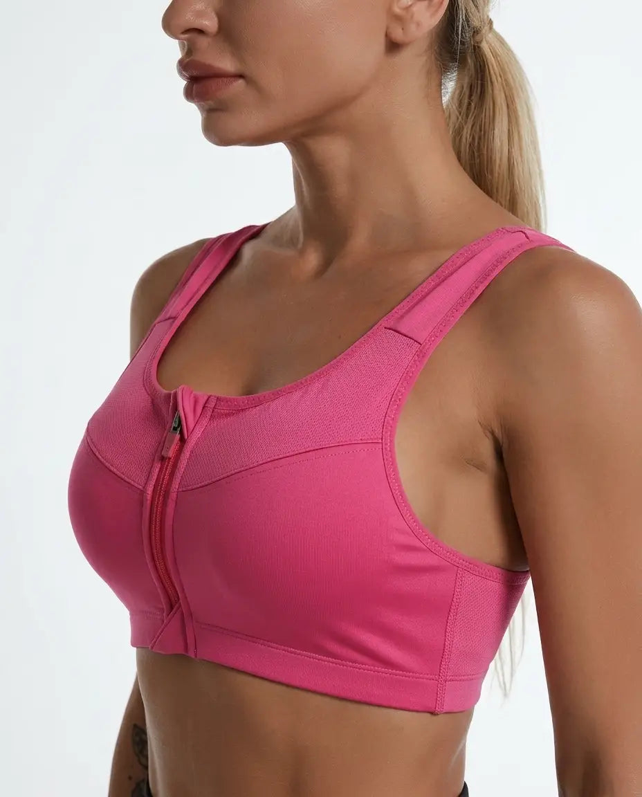 Pink Bloom Zip Bra front-zip sports bra, side close-up