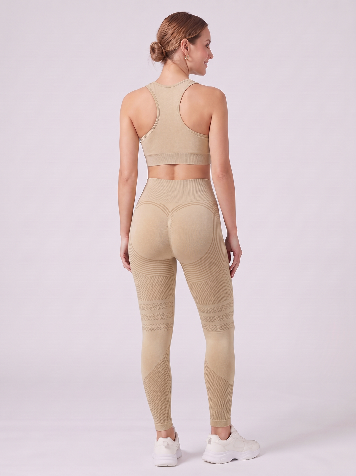 Bloom Leggings anti-cellulite leggings in Dune — size S model, back view showing sculpting contour lines